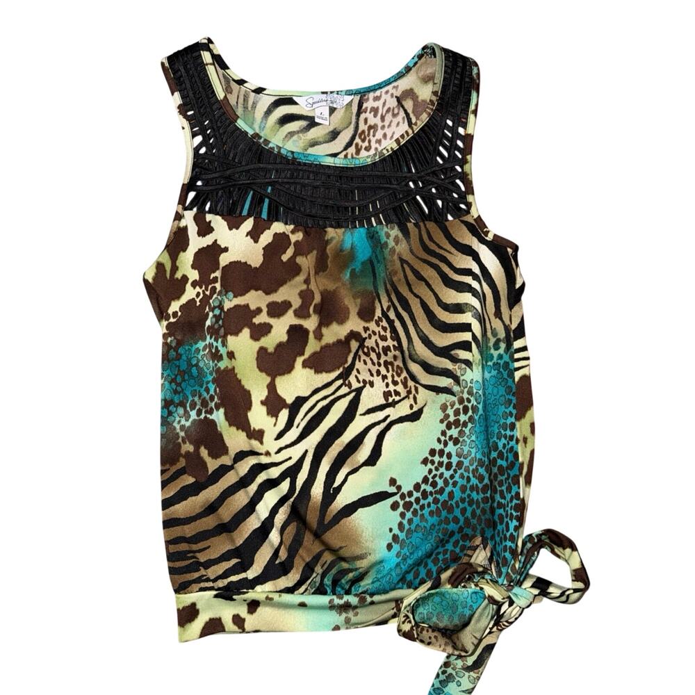 Speckless Mixed Animal Print Sleeveless Top‎ Cage Detail Neckline Large